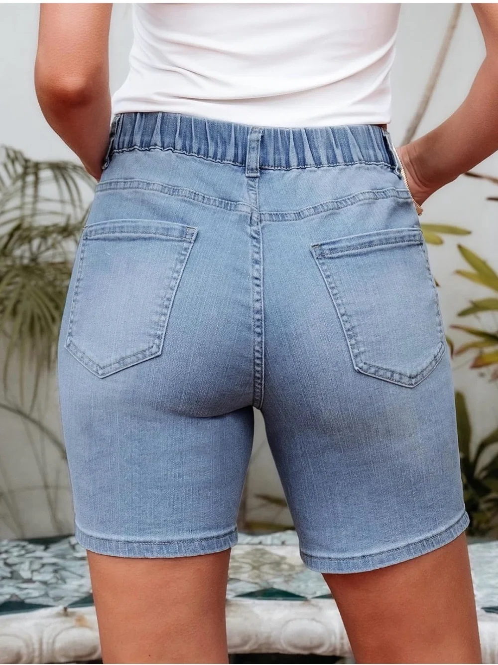 Plus Size Light Blue Denim Bermuda Shorts with Elastic Waist XL (16-18)